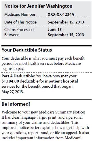 The MSN reports claims for a three-month period. 4 (Part A) Deductible Status. Beneficiaries owe a deductible at the start of a benefit period before Medicare pays for Part A services.