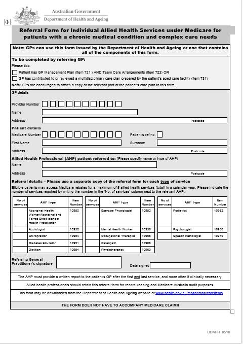 Referral Form for Individual Allied Health Services under Medicare