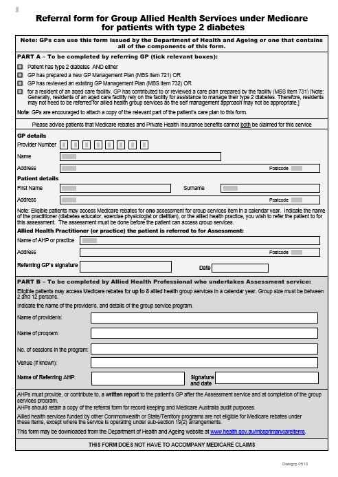 Referral form for Group Allied Health Services