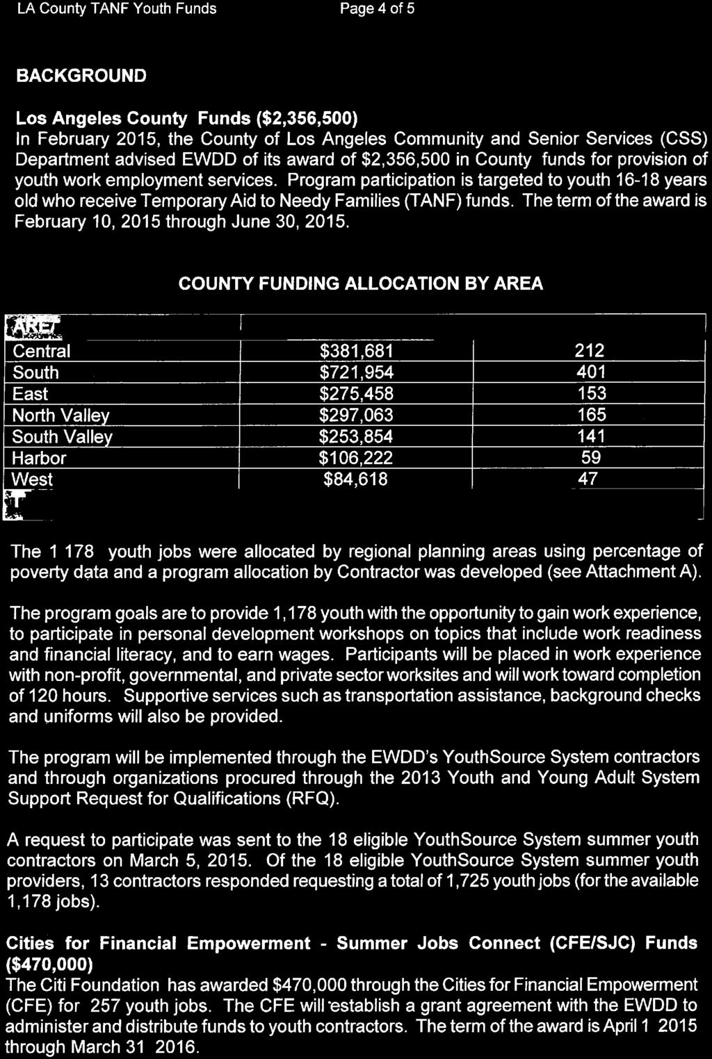 LA County TANF Youth Funds Page 4 of 5 March 31, 2015 BACKGROUND Los Angeles County Funds ($2,356,500) In February 2015, the County of Los Angeles Community and Senior Services (CSS) Department