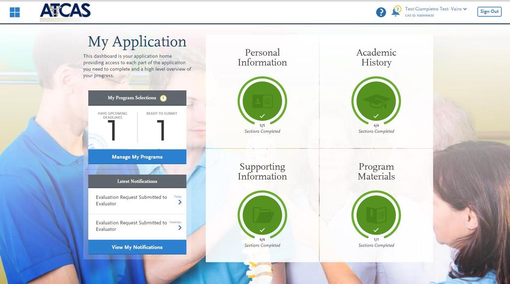 Once all sections of the online application have been completed, the main page will look like the screenshot below.