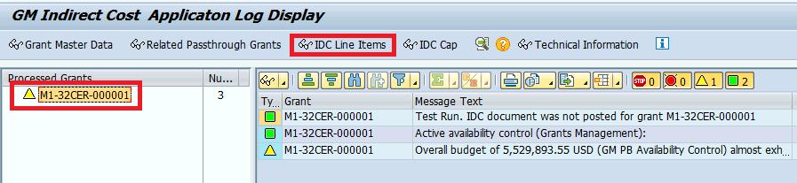 Highlight the grant to be reviewed and click IDC Line Items, a list of four Select Options (reports) is listed in