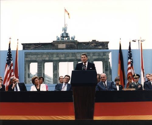 United States President Ronald Reagan delivers his famed "Tear Down This Wall" speech at the Berlin Wall in June of 1987, in which he called