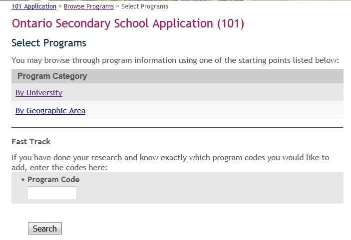 Select Your Programs These are the search options.