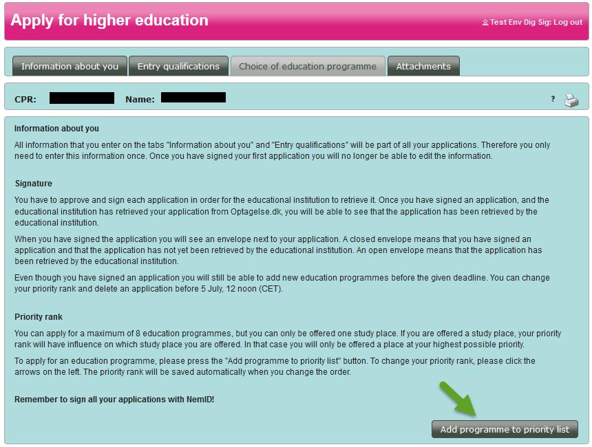 3 How to fill out your application 3.3 The tab Choice of education programme The following section describes how you add education programmes to your priority list.