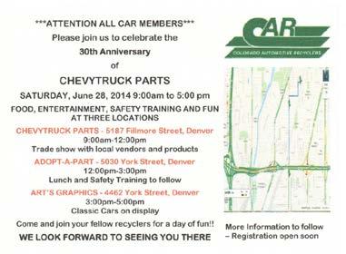 CAR NEWS May 2014 COLORADO AUTO RECYCLERS NEWSLETTER In this Issue: New Car Members CAR President Visits Chevy Truck Parts 30th Anniversary NMVTIS Enforcement. Welcome to the newest members of CAR!