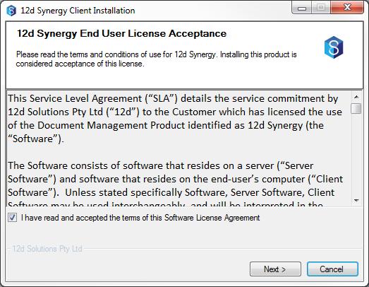 2.2 End User License Agreement To install 12d Synergy, you must accept the license