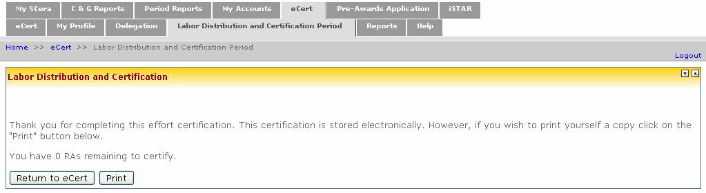 Certification is Complete Exit or Return Help Tab Count of RAs left to certify for Return to complete