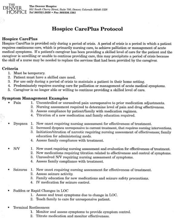 Hospice CarePlus Protocol Field