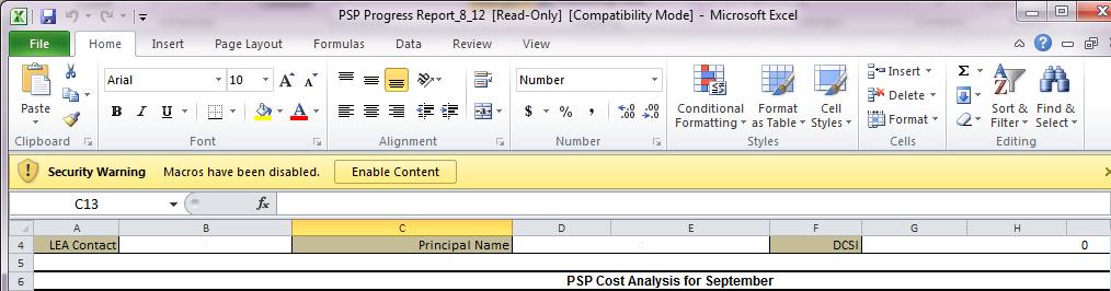 Part 2: When opening a worksheet on the PSP Progress Report Workbook for