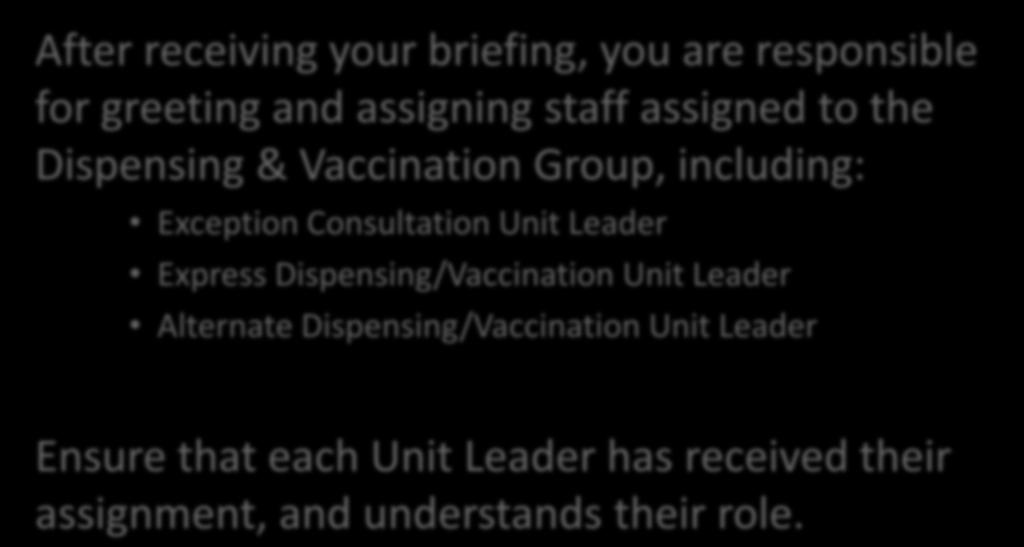 ASSIGN STAFF After receiving your briefing, you are responsible for greeting and assigning staff assigned to the Dispensing & Vaccination Group, including: Exception Consultation