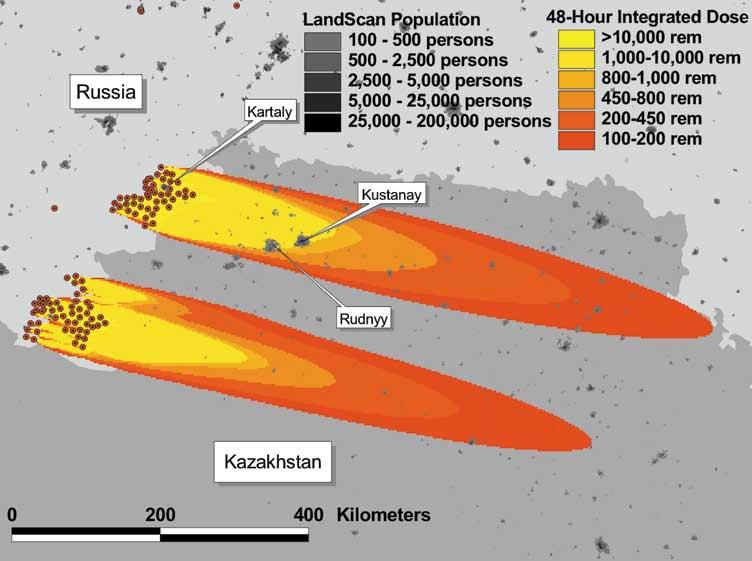 Natural Resources Defense Council FIGURE 4.13 A Close-up of Fallout Impacting Kazakhstan From the attack on the Dombarovskiy and Kartaly missile silos.