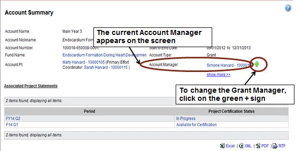 4. To change the Grant Manger, click on the green