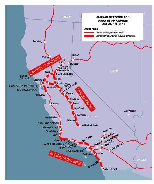 ARRA HSIPR Grants for California corridors Pacific Surfliner $51M for some triple-tracking crossovers Will improve service, reduce congestion, raise speeds San Joaquin $8M for equipment improvements