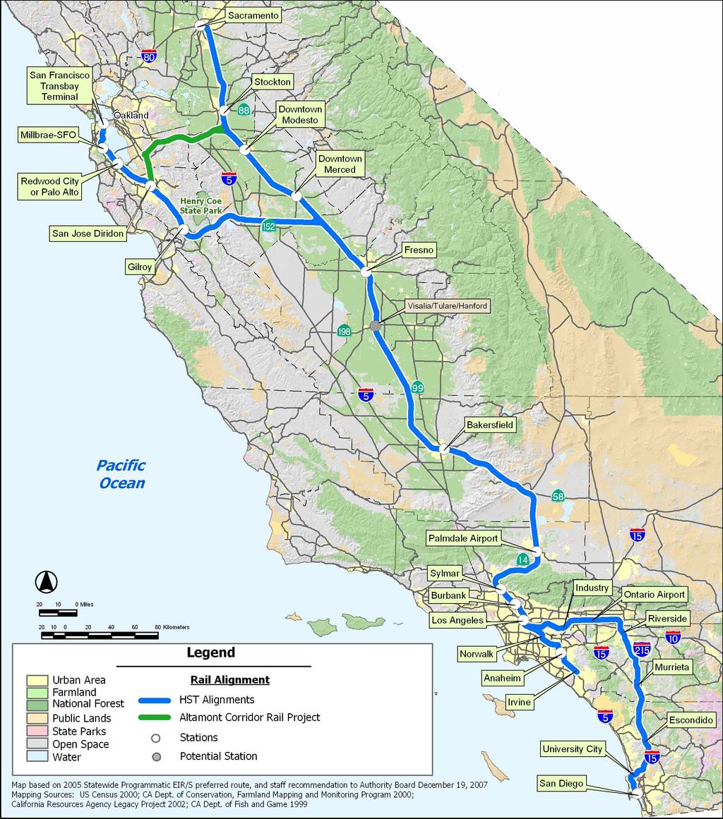 California HSR project Plan envisions 220 mph/ 350 kph service on dedicated rights of way Proposition 1A authorized $9.
