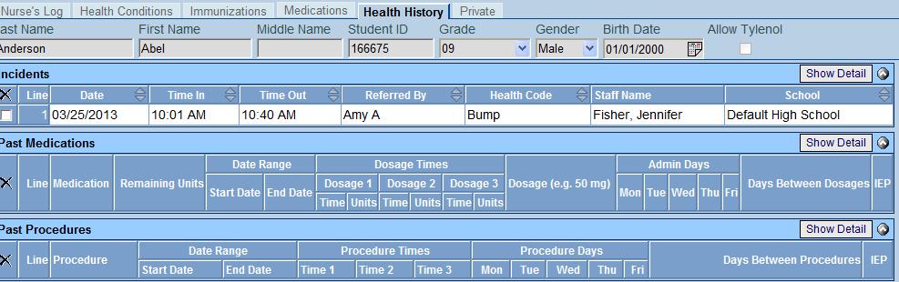 E. Health History The Health History screen provides an overview of the student s past incidents, medications, and procedures. 1. Go to Synergy SIS > Health > Health 2.