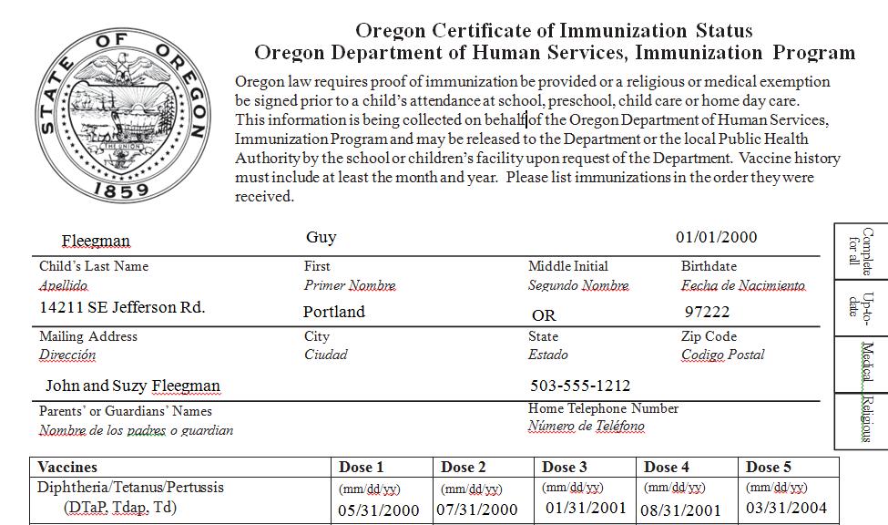 IV. Sample Immunization Data Below is sample immunization data on a certificate of