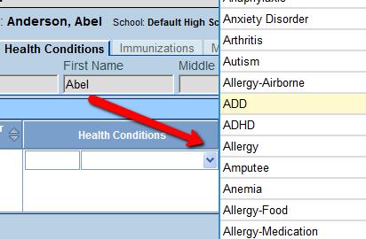 4. A new line is created. Use the Health Conditions dropdown to select the health condition.