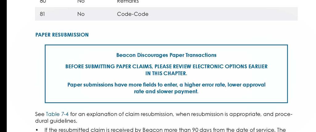 PAPER RESUBMISSION Beacon Discourages Paper Transactions BEFORE SUBMITTING PAPER CLAIMS, PLEASE REVIEW ELECTRONIC OPTIONS EARLIER IN THIS CHAPTER.