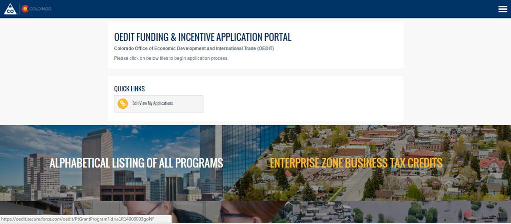 This page shows the various funding and incentive applications available. Look for Enterprise Zone Business Tax Credits tile and click on it.