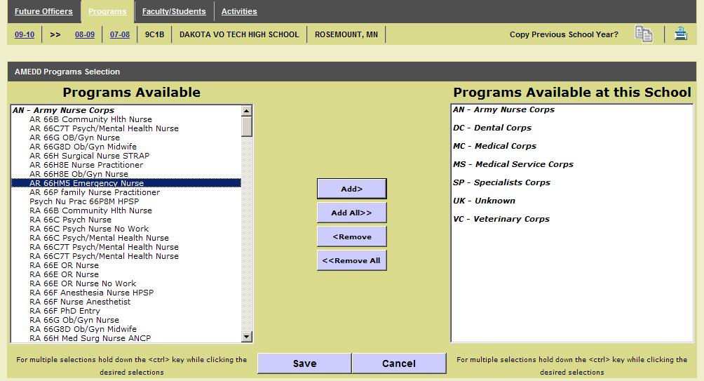Programs Available at this School lists all programs associated by the user for the selected school.