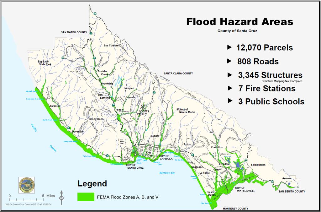 Floo d Santa Cruz County s geography focuses rainfall into four primary watershed basins: the San Lorenzo River; Soquel Creek; Aptos Creek; and Corralitos/Salsipuedes Creeks.