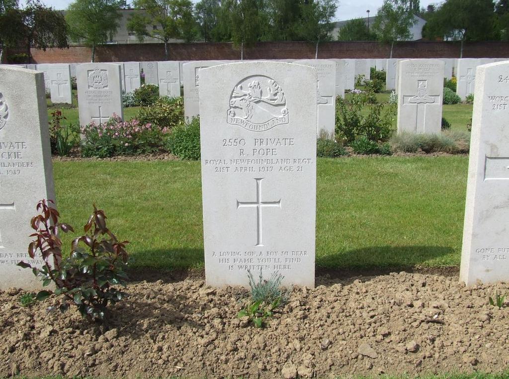 Private Robert Pope (Regimental Number 2550) is buried in the Faubourg d Amiens Cemetery in Arras Grave reference IV. B. 22.