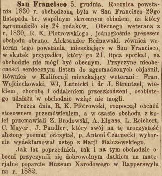 "Dziennik Polski" (Lwów) 1882, nr 8, s. 2 (11 I 1882) http://jbc.bj.uj.edu.pl/dlibra/plain-content?id=105406 Rough translation 1882 December 5. Anniversary of the 1830 Uprising.