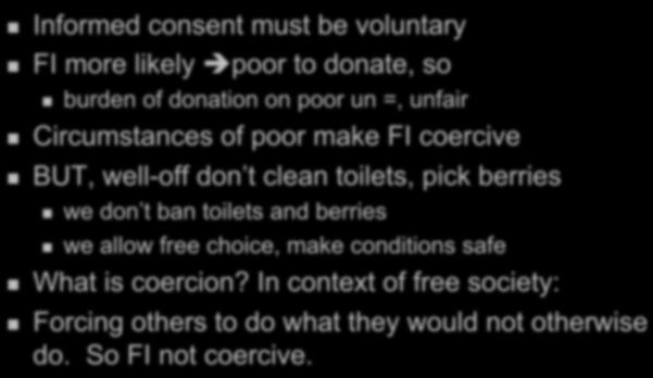 FI Will Undermine Social Fabric: Coercion Voluntariness Informed consent must be voluntary FI more likely poor to donate, so burden of