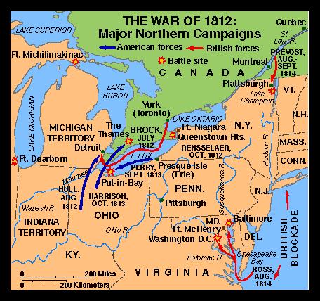 Theaters of War (Northern Territories & Canada) June 18, 1812: War is Declared July 17, 1812: U.S. surrenders Ft. Mackinac Aug 15, 1812: U.S. abandons Ft. Dearborn Aug. 16, 1812: U.S. surrenders Ft. Detroit Oct.