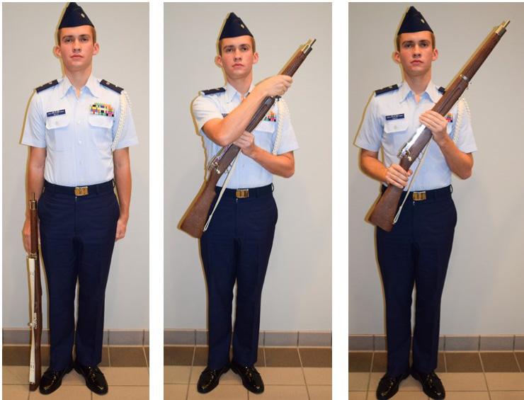 On the command of execution REST of Parade, REST, thrust the muzzle forward, simultaneously changing the grip of the right hand to grasp the barrel, keeping the toe of the rifle in line with the