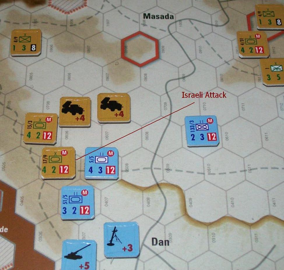 Turn 8 The Syrian player is thankful to obtain some reinforcements. Two tank brigades and an infantry brigade as well as a Mechanized unit arrive along the Sasa-Ahmediye Road.