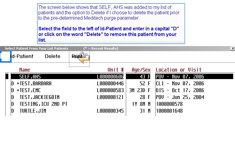 Slide 27 The screen below shows that SELF, AHS was added to my list of patients and the option to Delete if I choose to delete the patient prior to the predetermined