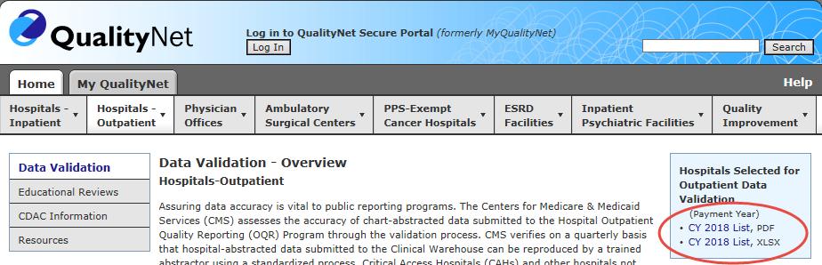 Selected Provider List The list of selected providers is posted on QualityNet on the Hospitals - Outpatient > Data Validation page.