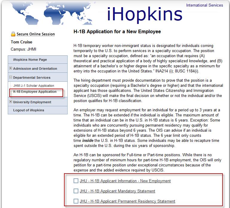 H-1B ihopkins Application System H-1B applicant clicks on the option