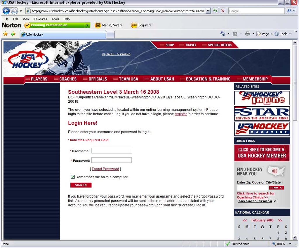 After selecting the clinic title, if you are not already logged into the usahockey.com website, you will be asked to do so.