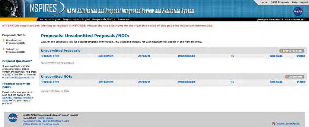 NSPIRES Page: Create Proposal or NOI Tips: Explore your NSPIRES account to locate