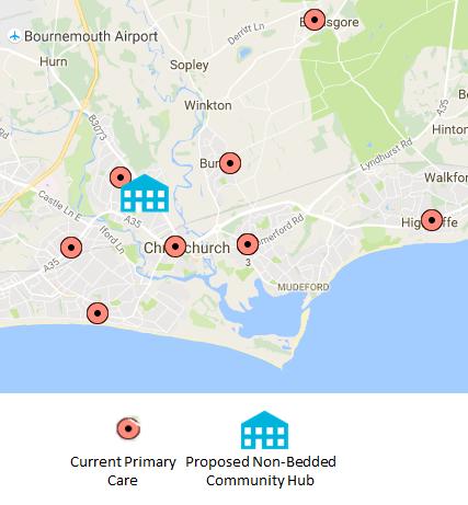 Christchurch Primary Care Blueprint Christchurch Locality has eight GP practices across ten locations and a community hospital without community beds (specialist palliative care beds are on the site)