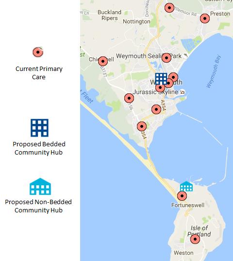 Weymouth and Portland Primary Care Blueprint Weymouth and Portland Locality has eight GP practices across twelve locations and two Community Hospitals serving a registered population of approximately