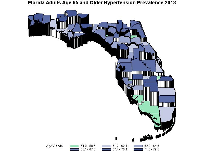 Figure 3. This example displays a prism map that shows the hypertension prevalence of adults age 65 and older in Florida for 2013. The legend shows the range of values for each level.