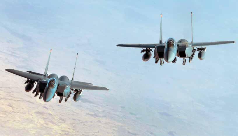 Two F-15E Strike Eagles fly near Mosul, Iraq.