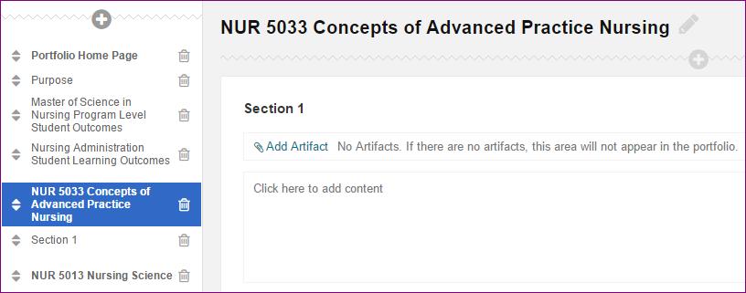 4. Click the desired Course Page on the left side page listing to activate the edit mode. NUR 5033 has been selected in the picture below as an example.