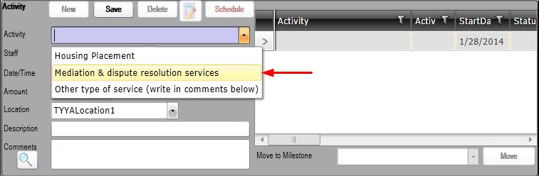 Select the New button in the Activity container and assign the Activity (Service) as usual. Figure 5. 4. Complete the Service by entering a Date.