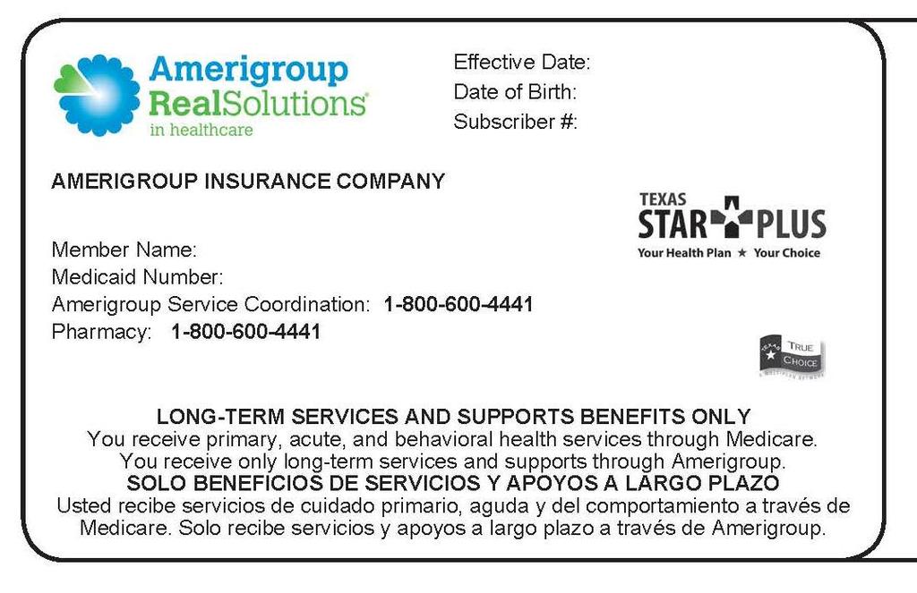 Sample ID card for Amerigroup members in the Medicaid Rural Service Area: How do I read my Amerigroup STAR+PLUS ID card?
