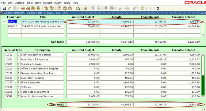 The top of the form lists all of the funds for the grant with the total budget and available balance; you may