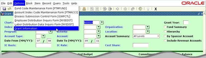 To view the details of the expenditure, place your cursor in the account column then select Query Document [By Type] from the Options menu: This will bring up the form to view the invoice, journal