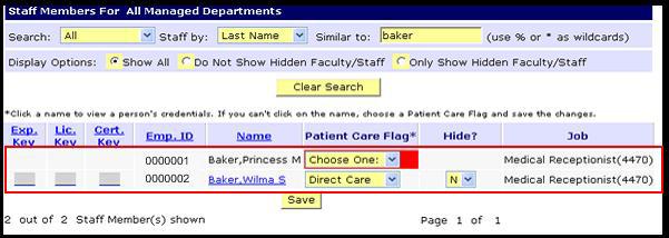 3. Click the Clear Search button to restore the default staff list and complete another search.