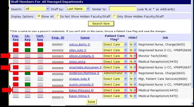 Once the patient care flag is updated for a person, the experience, licensure, and certification status boxes appear.