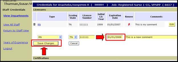 A new license record is displayed on the page containing information from the selected record.