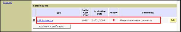 A new certification record is displayed on the page containing information from the selected record.